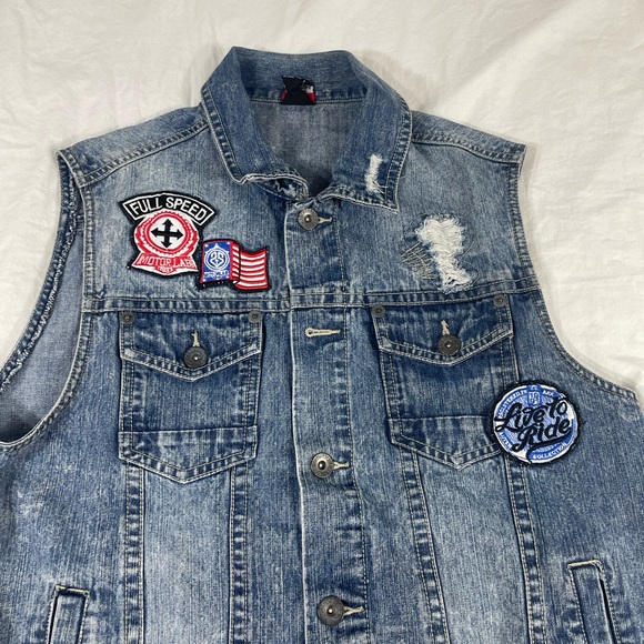 Southpole Premiun Mens Blue Biker Patched Denim Vest Size L - Picture 2 of 15